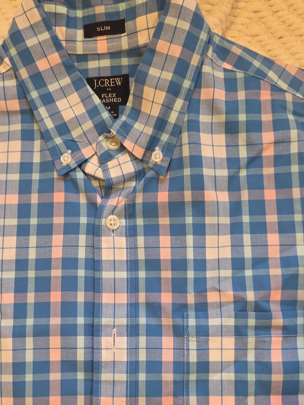Men's MED J Crew Slim Cut Button Down Long Sleeve Blue Pink & White Check. EUC